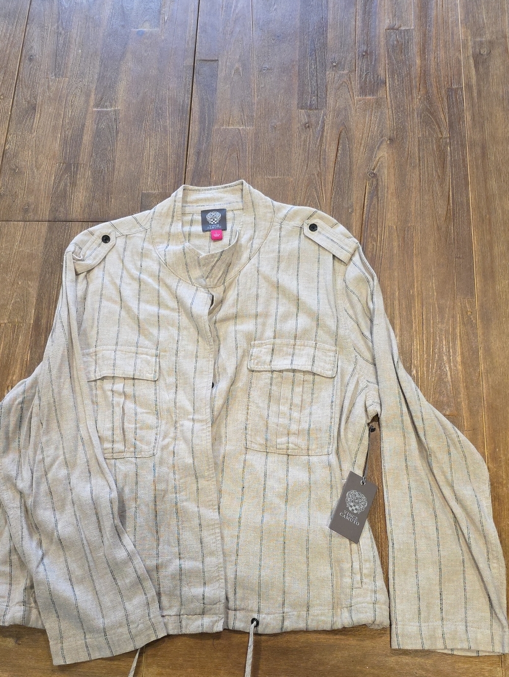Vince Camuto Cream Striped Military-Style Jacket